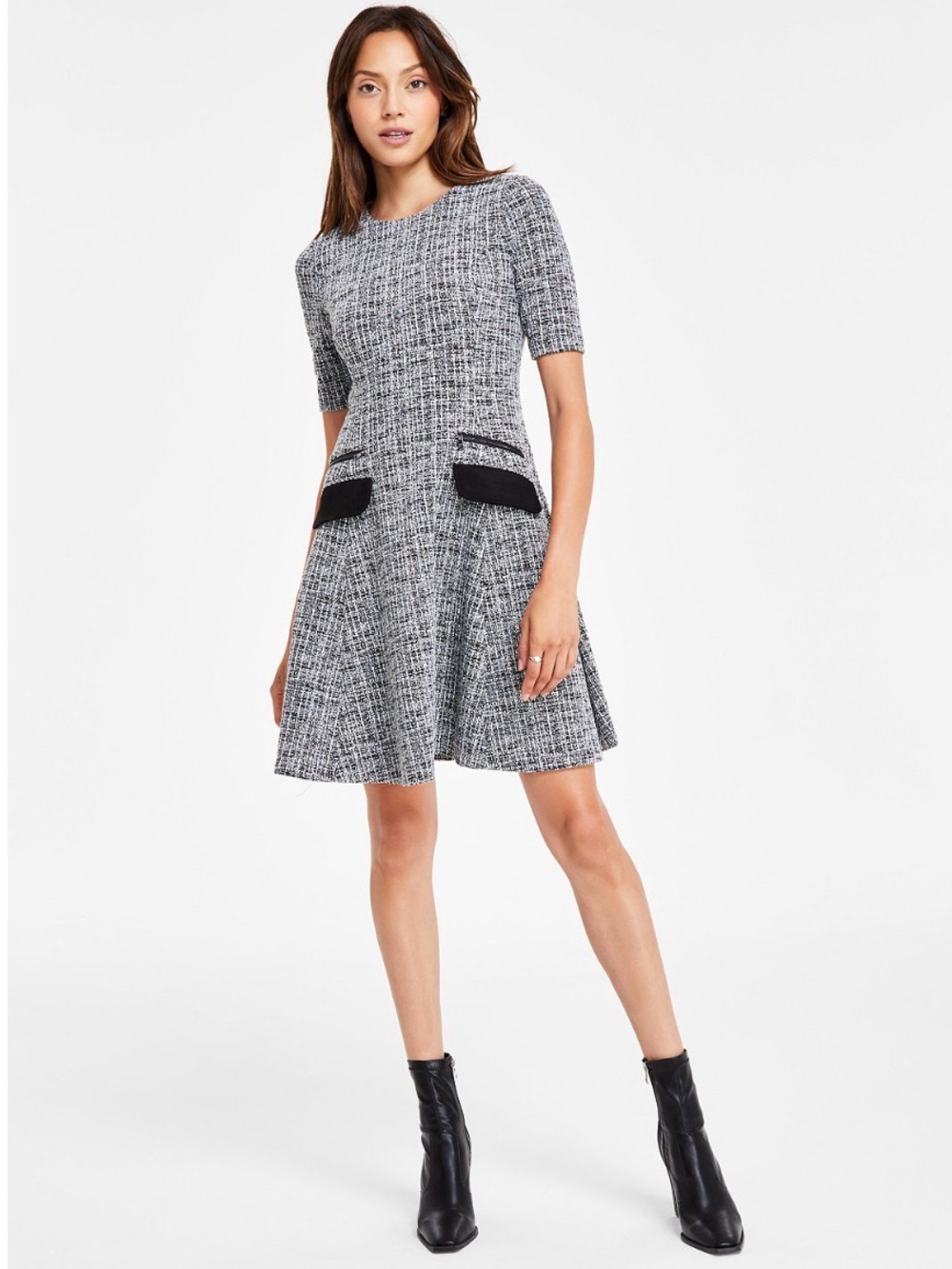 NWOT DKNY Black/White Tweed Fit-and-Flare Dress with Black Pocket Detail
